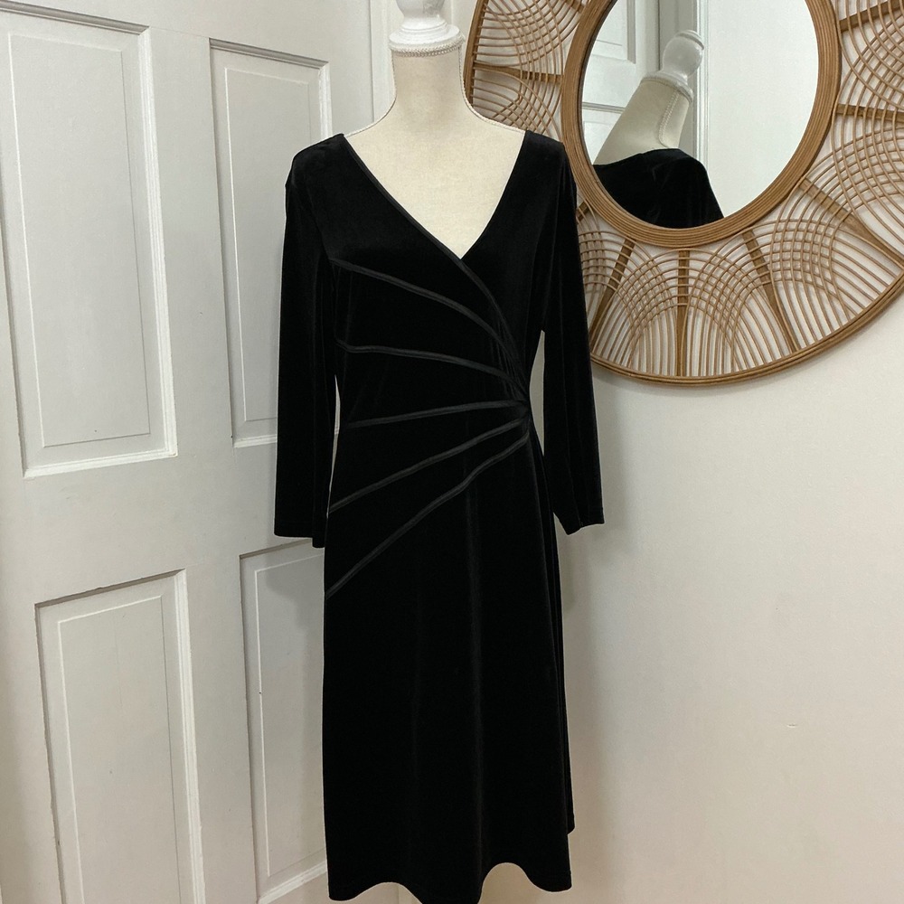 Connected Black Velvet Faux Wrap Dress 16 Midi Evening LBD Wedding Guest